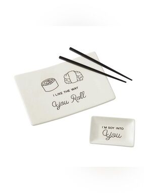 Our Name Is Mud Sushi plate set with chopsticks "I like the way you roll"